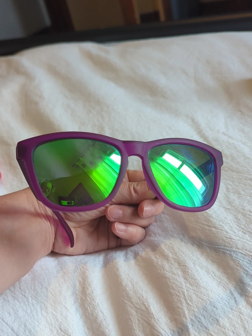 Goodr Purple Frame Sunglasses with Green Mirrored Lenses